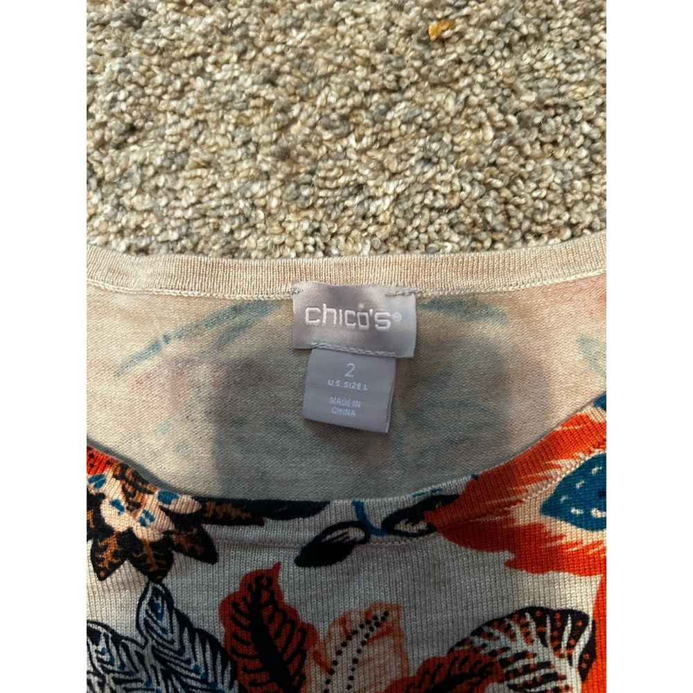 Chicos Womens 2 Tan Asian Floral Orange Blue New Knit Pullover Sweater US 12 - Picture 3 of 7